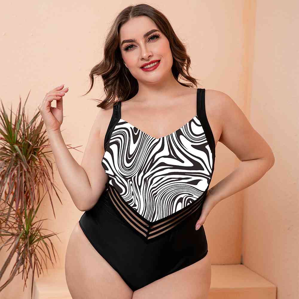 Plus Size Printed Sleeveless Swim Romper